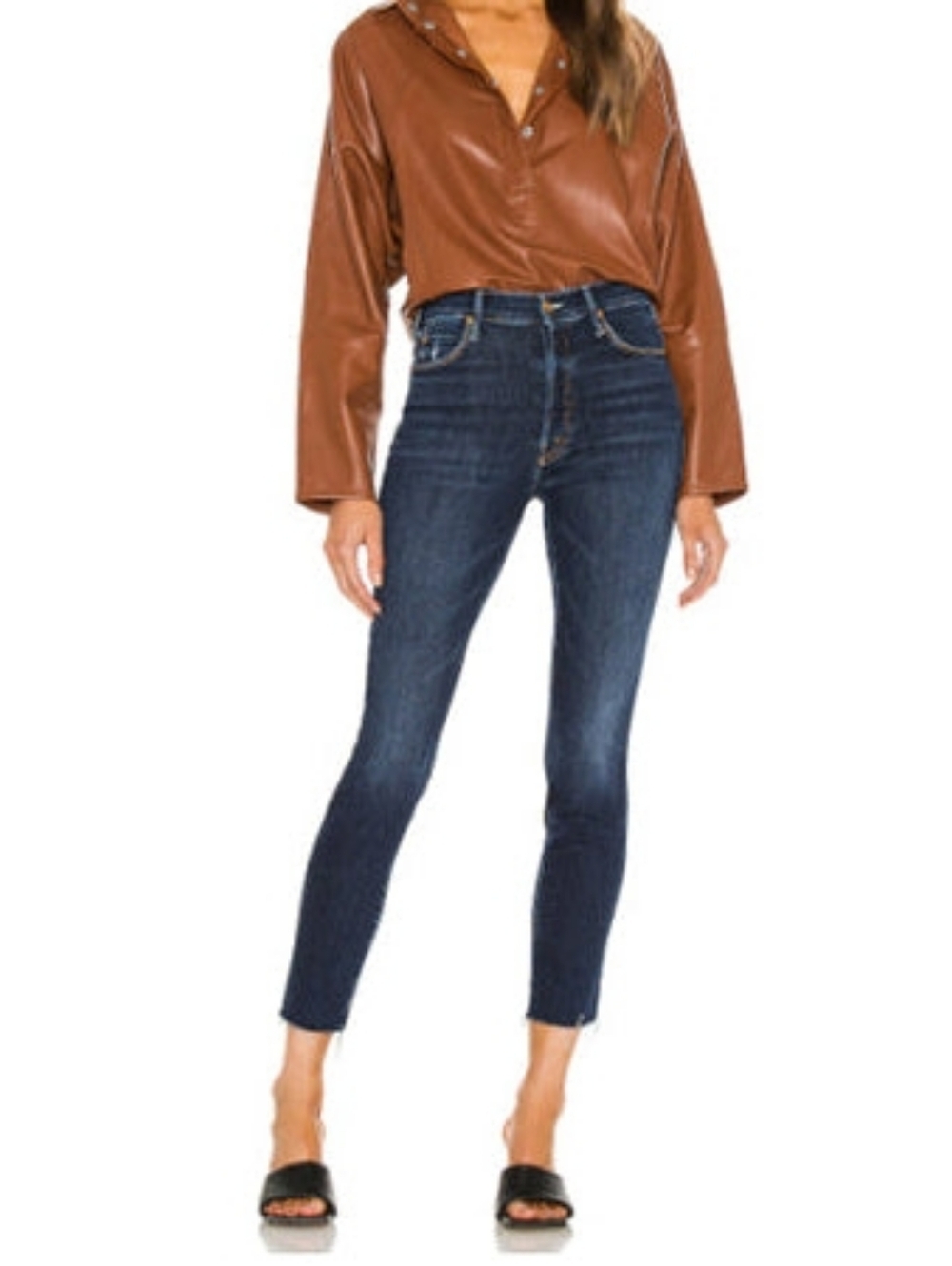 MOTHER The Stunner Ankle Fray Skinny Jeans in Dark Blue Wash-Teaming Up